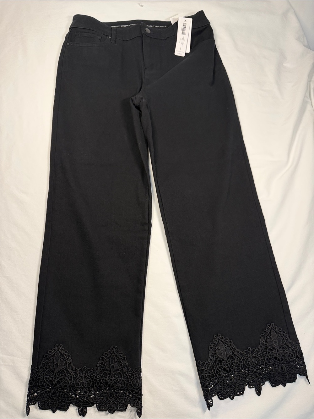 Chico's Woman's 8 Lace Hem Girlfriend Straight Ankle Jean Black Perfect Stretch